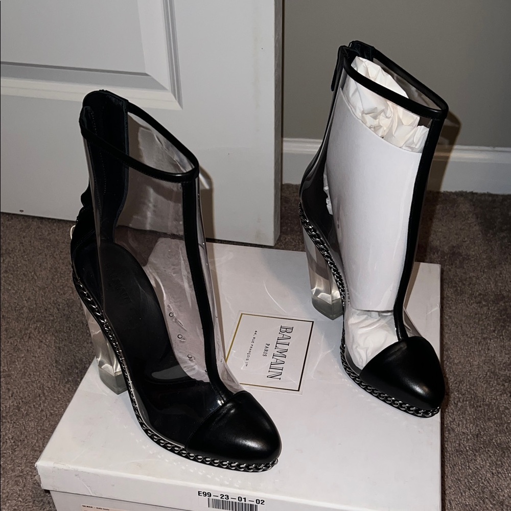 Balmain 40 Black Leather & Transparent Panel Chain-Trim High Heel Boots